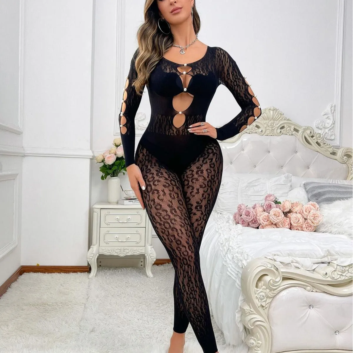 Women's Long Sleeve Shiny Fishnet Jumpsuit