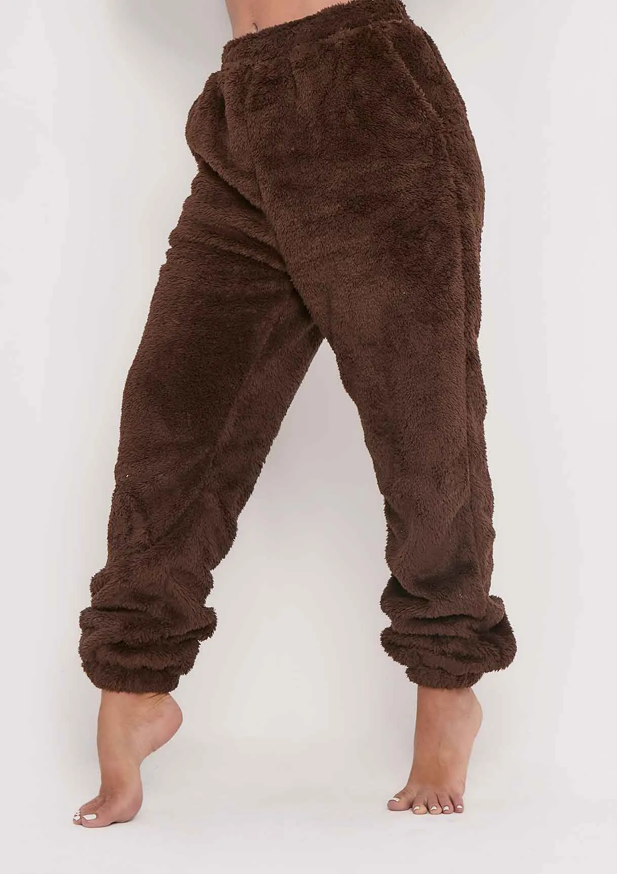 Yasmine Chocolate Fluffy Teddy Borg Casual Oversized Joggers