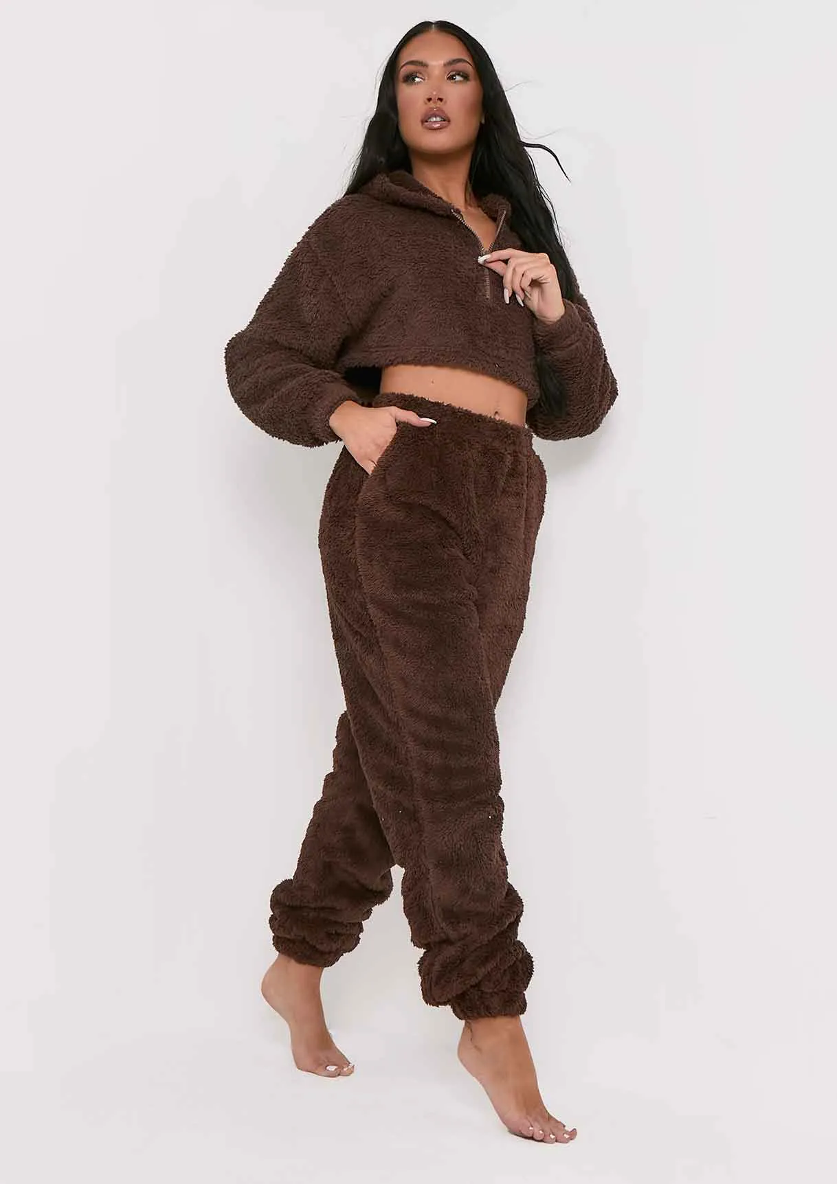 Yasmine Chocolate Fluffy Teddy Borg Casual Oversized Joggers