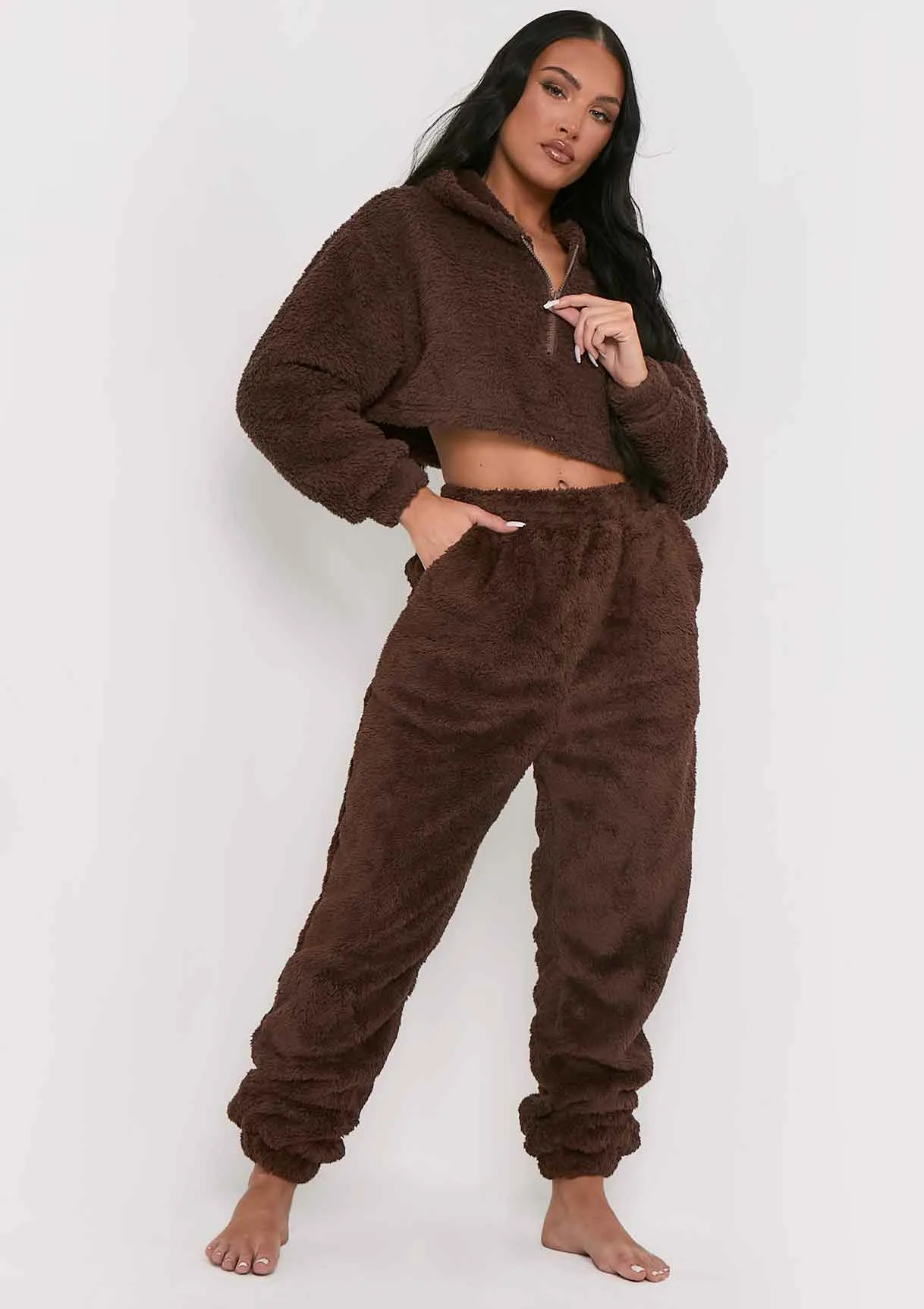 Yasmine Chocolate Fluffy Teddy Borg Casual Oversized Joggers