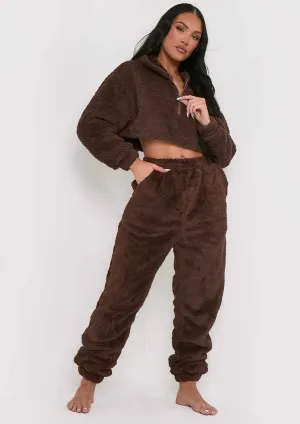 Yasmine Chocolate Fluffy Teddy Borg Casual Oversized Joggers