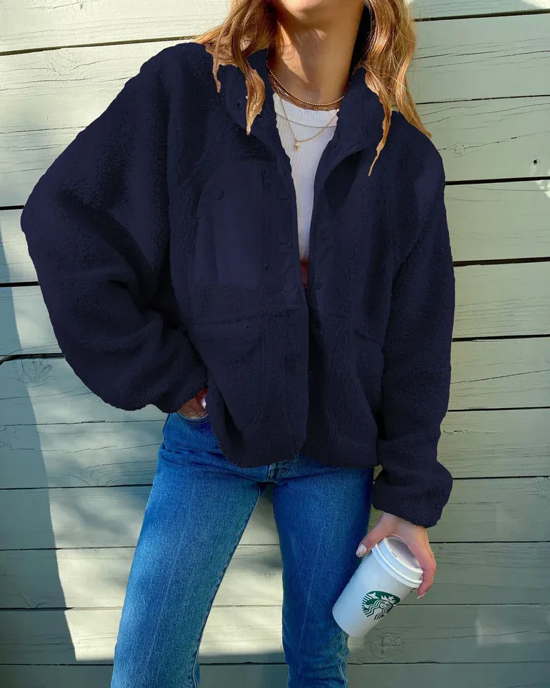 Zipper Button Fleece Sherpa Jacket Bear Teddy Coat
