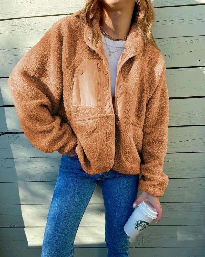 Zipper Button Fleece Sherpa Jacket Bear Teddy Coat