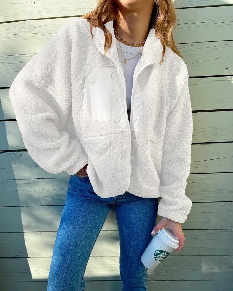 Zipper Button Fleece Sherpa Jacket Bear Teddy Coat