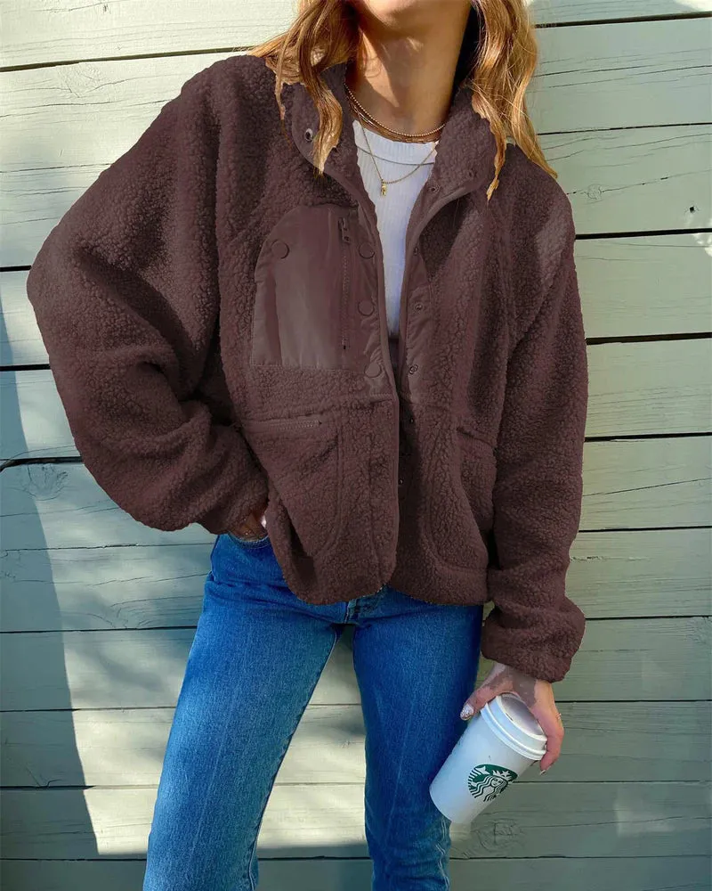 Zipper Button Fleece Sherpa Jacket Bear Teddy Coat