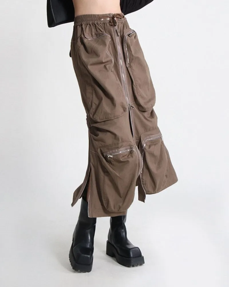 Zipper Multi-Pockets Long Cargo Skirt