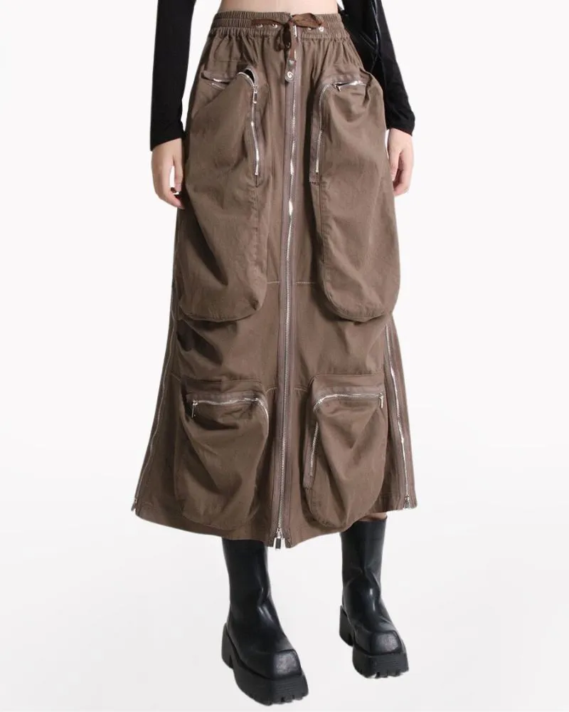 Zipper Multi-Pockets Long Cargo Skirt